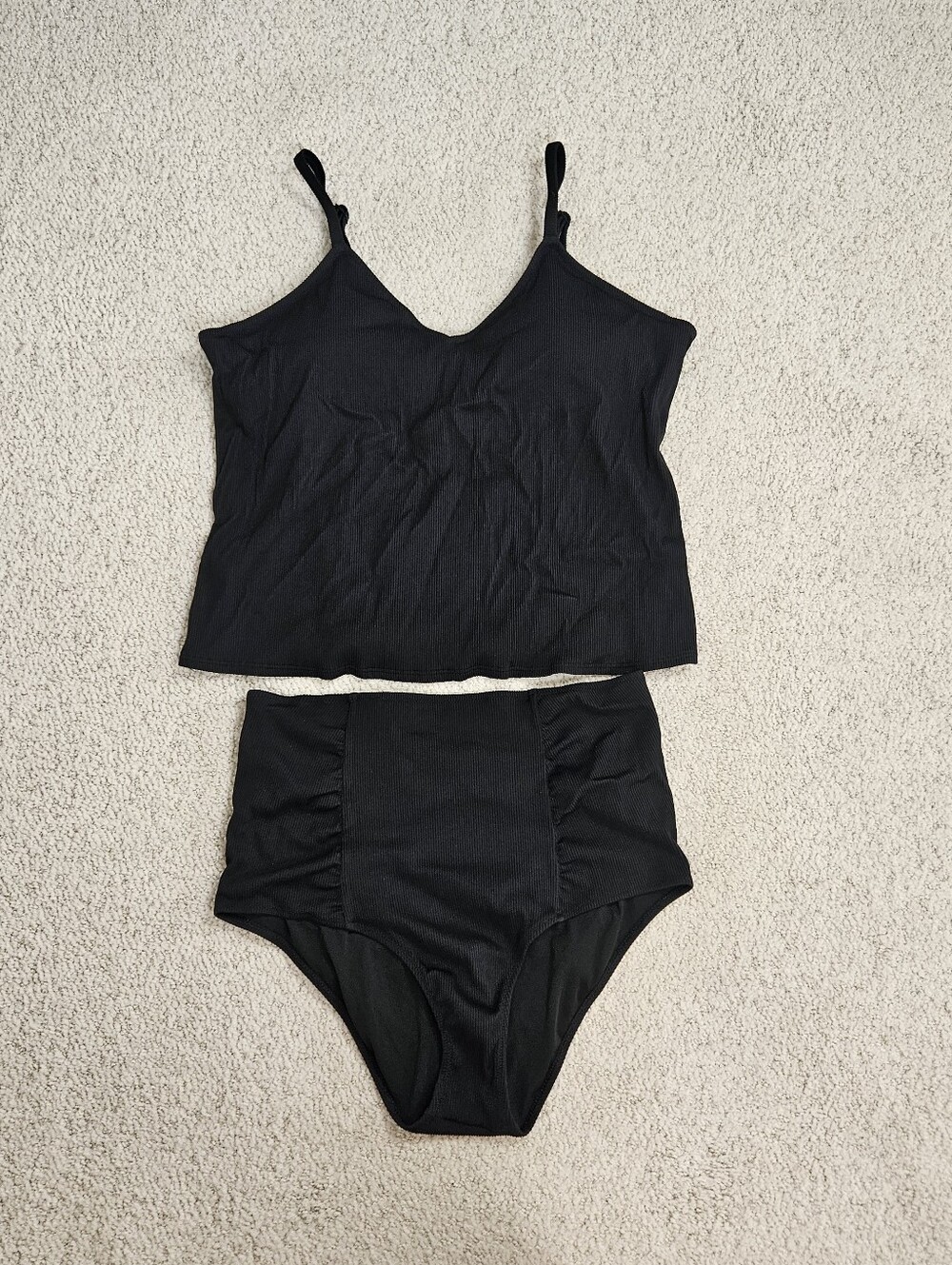 Aerie Tankini Swimsuit 2pc Womens High Rise Bottoms XL L Black Ribbed Padded